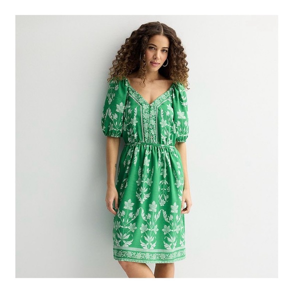 Draper James Placement Print Green Floral Puff-Sleeve Midi Dress - Picture 2 of 5